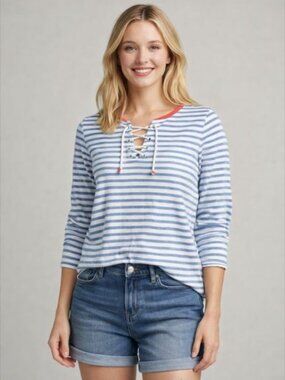 Joules Blue and White Striped Long Sleeve Top With Nautical Lace-Up Neckline - 8